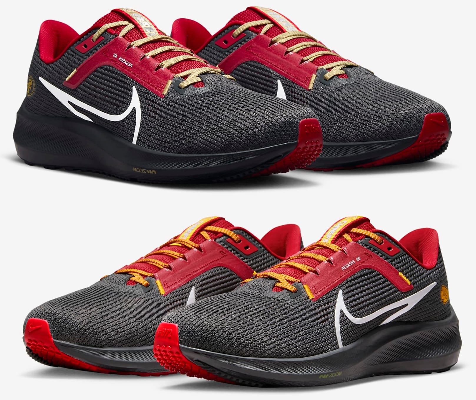 Two pairs of Nike Pegasus shoes in slightly different red & black designs