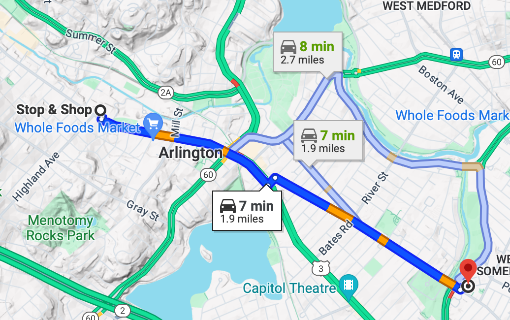 A map showing driving directions from a Stop & Shop location in Somerville to one in Arlington, 1.9 miles away, a 7 minute drive