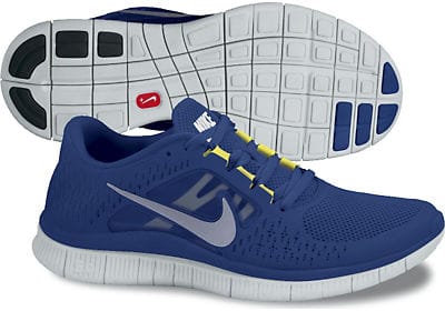 A picture of blue Nike running shoes with a flexible sole and a small height difference between the toe and heel